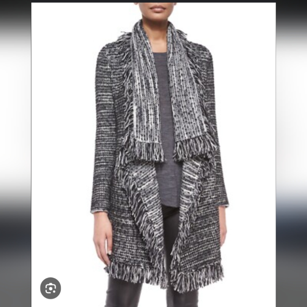 Vince Wool Boucle Texture Frayed Edge Drape Cardigan Leather Trim